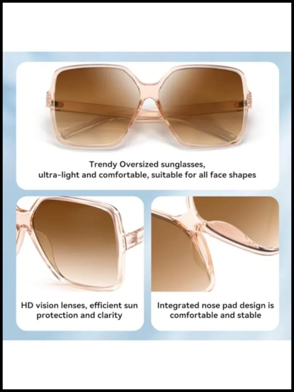 Oversized Square Sunglasses UV400 Protection Polycarbonate Frame Unisex